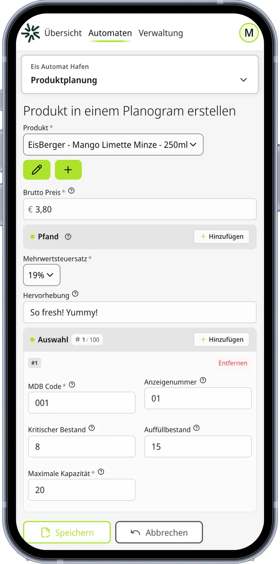 Planogramm in my.SENVEND auf dem Smartphone
