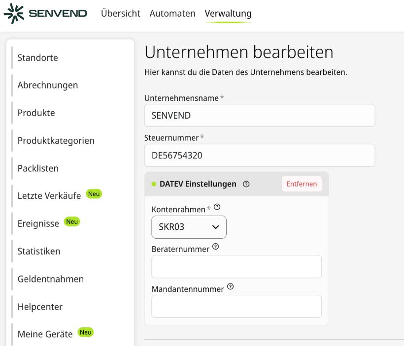 my.SENVEND: DATEV Einstellungen (DATEV settings)