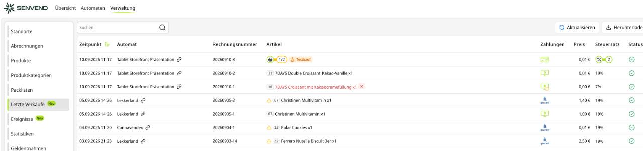 my.SENVEND: Letzte Verkäufe (recent sales) with download button