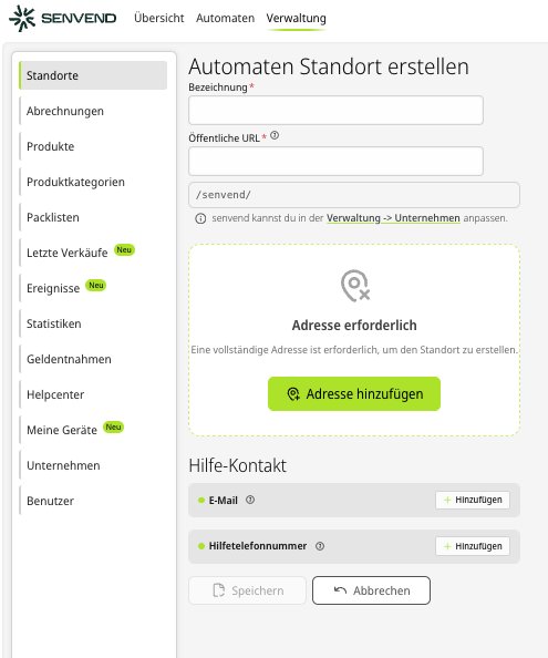 my.senvend: Standort erstellen