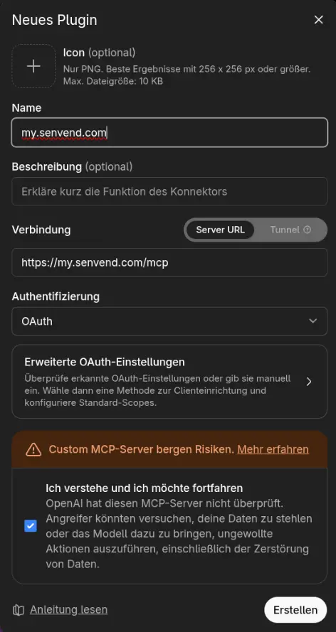 ChatGPT Connector-Dialog mit Server-URL https://my.senvend.com/mcp und Authentifizierung OAuth